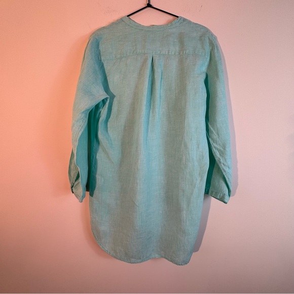 LL Bean 100% Linen Turquoise Popover Long Sleeve Blouse Size S - Picture 2 of 7